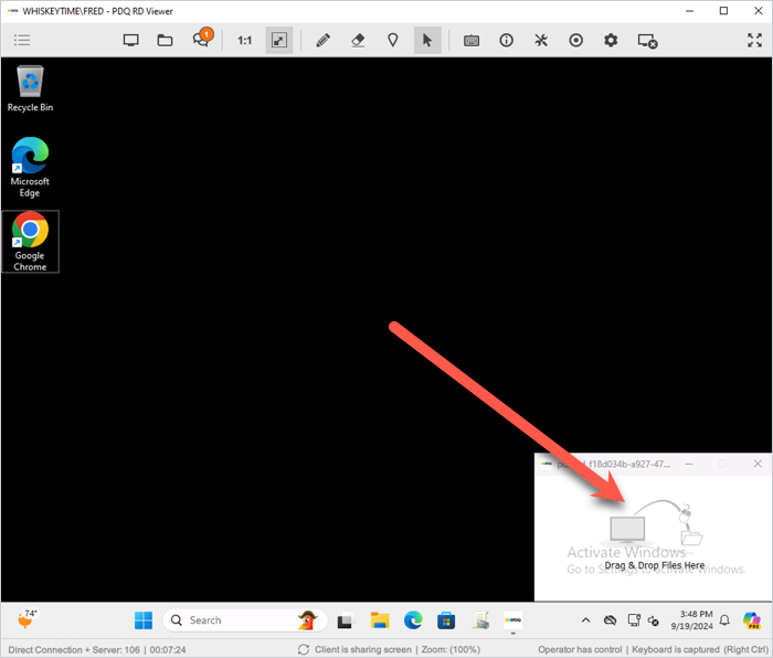 A screenshot of the drag-and-drop feature in PDQ Connect's remote desktop solution.