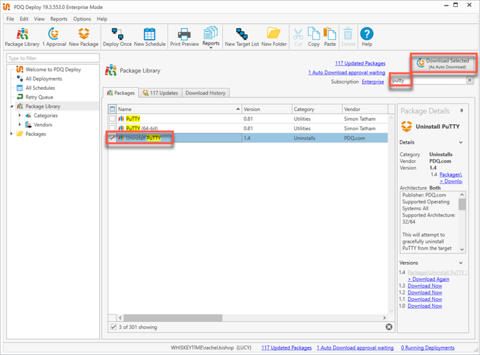 Screenshot of the PDQ Deploy UI showing the search field, the Uninstall PuTTY package, and the Download Selected button.