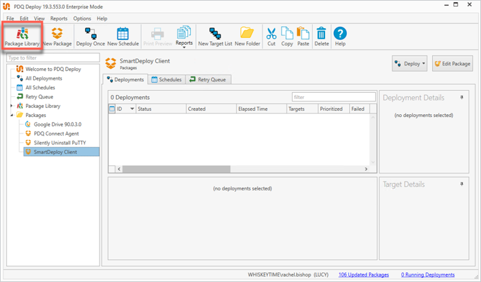 Screenshot of the PDQ Deploy UI showing the Package Library button.