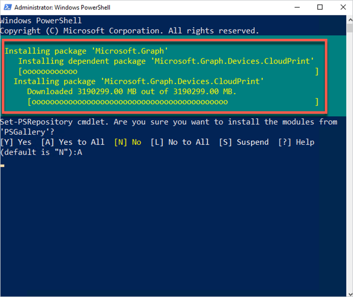 A screenshot of the microsoft.graph module being installed in PowerShell