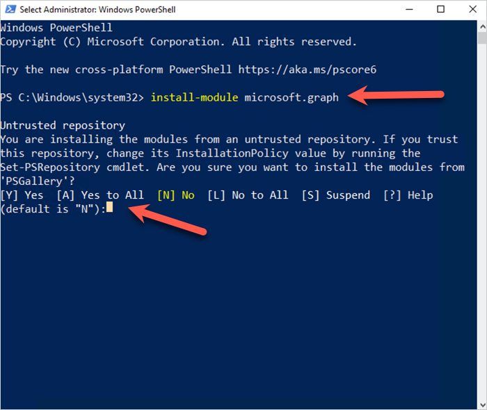 A screenshot of an untrusted repository warning in PowerShell