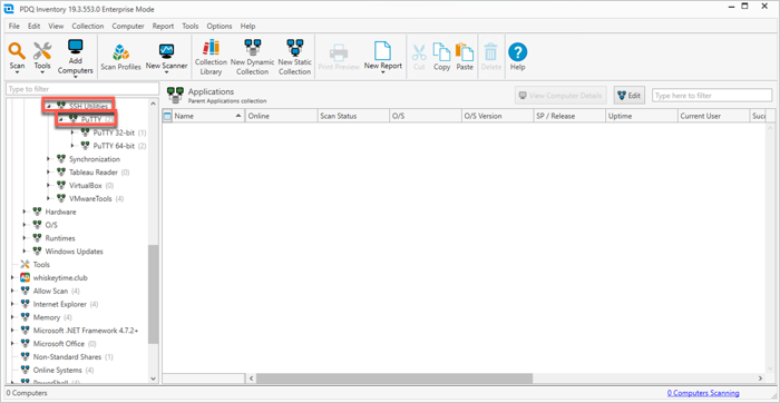 Screenshot of the PDQ Inventory UI showing SSH Utilities > PuTTY.