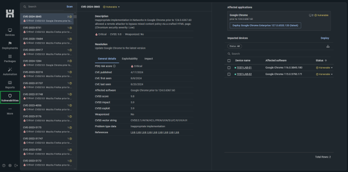 A screenshot of PDQ Connect's vulnerability management interface